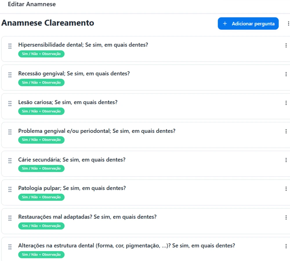 Tela real do OdontoPrice: Anamnese