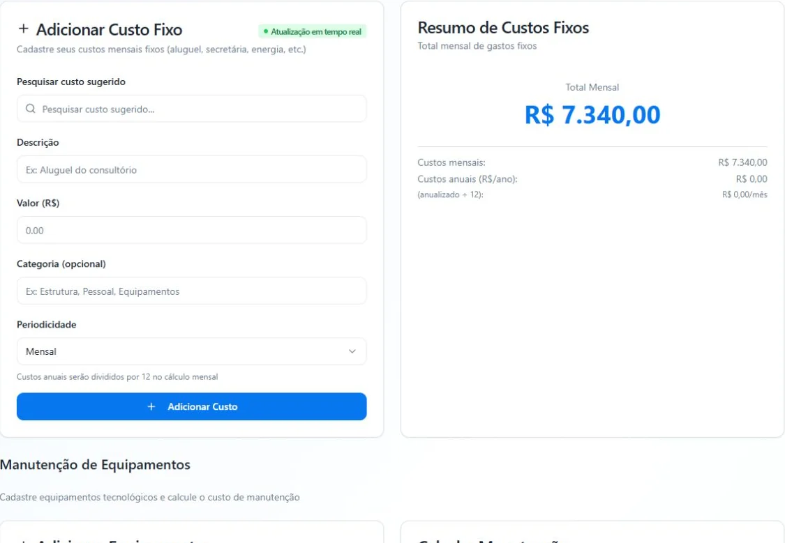 Tela real do OdontoPrice: Custos Fixos