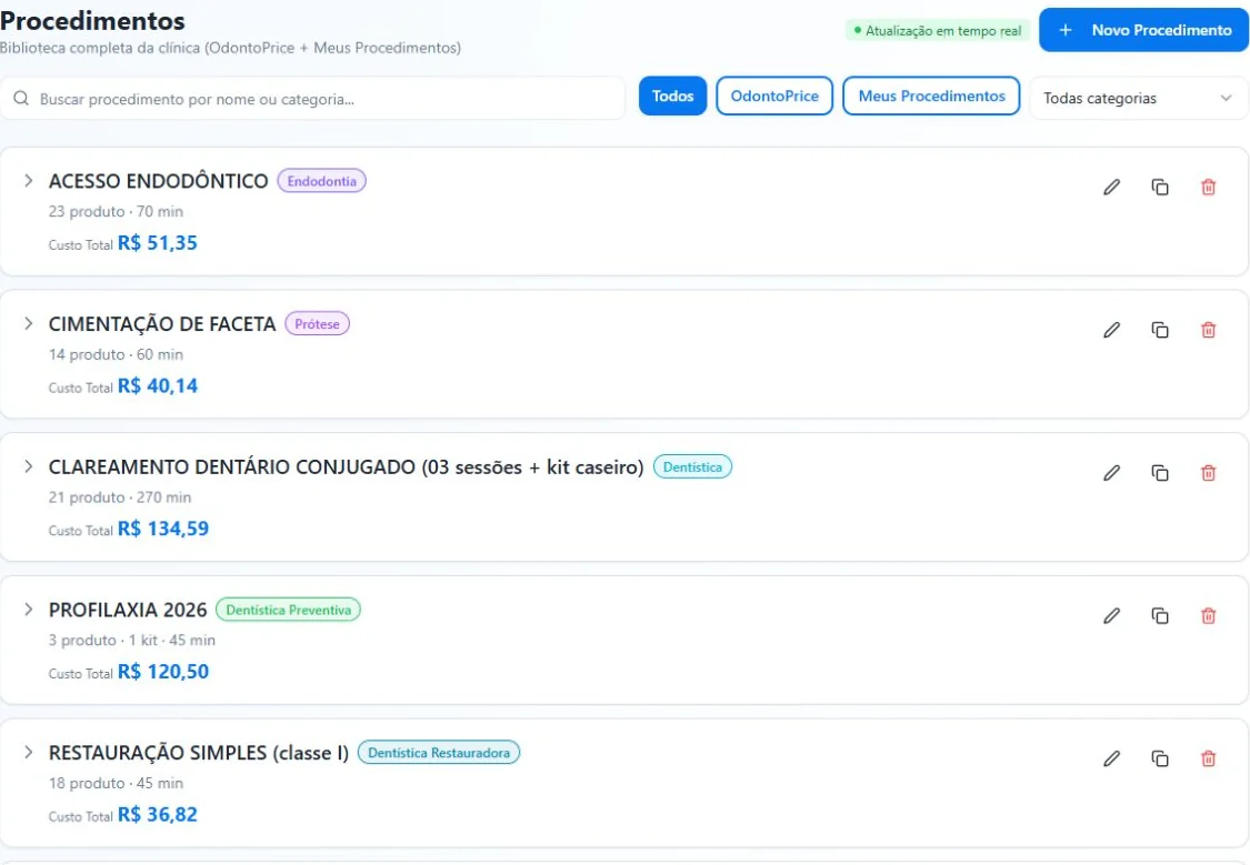 Tela real do OdontoPrice: Procedimentos