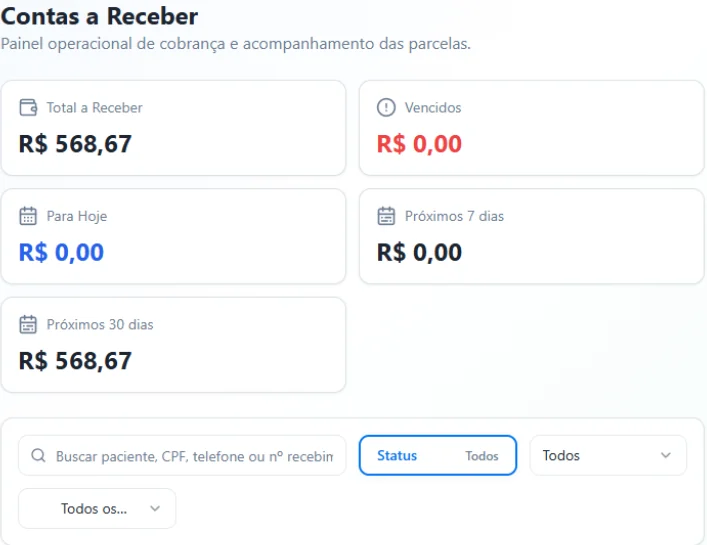 Tela real do OdontoPrice: Contas a receber
